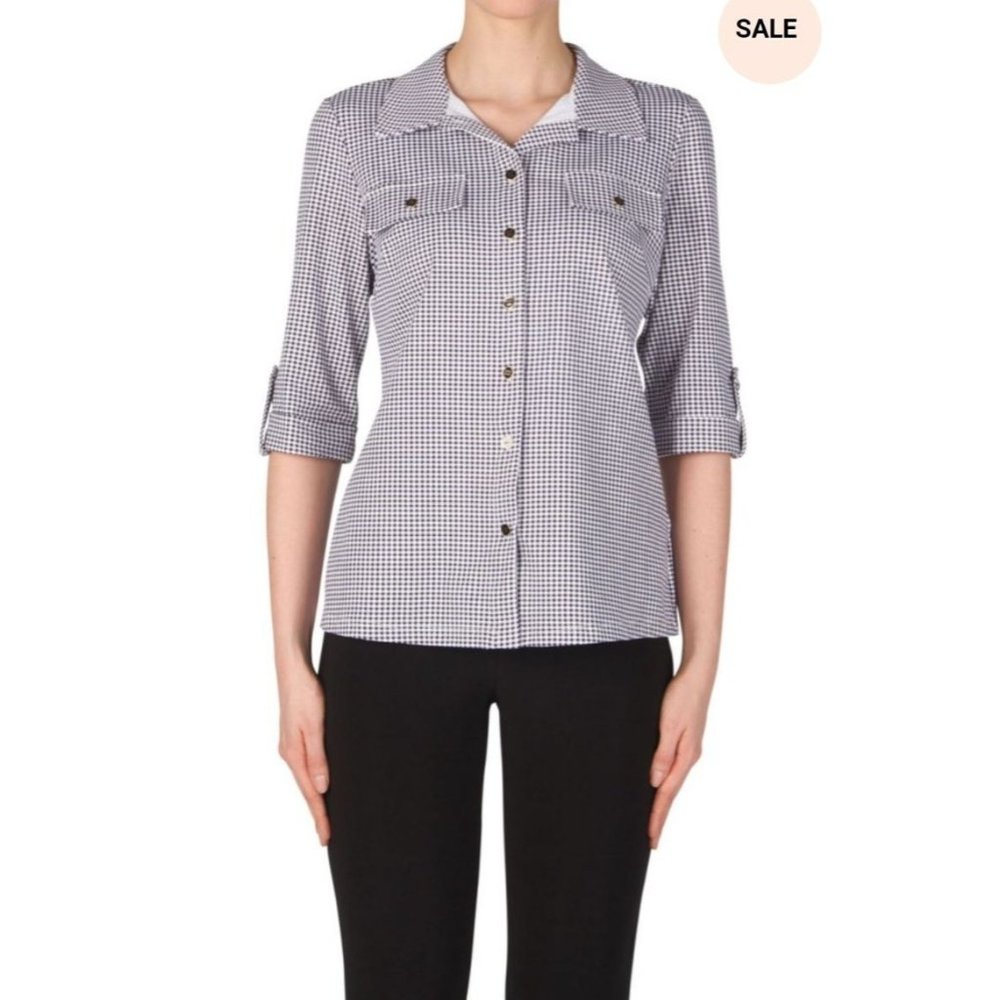 Joseph Ribkoff Black white check button front career blouse top size NEW